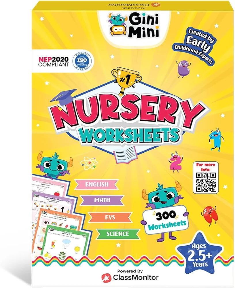 GiniMini 300 Nursery Worksheets for 2 3 4 5 6 Years, Fun Learning Activities, Return & Birthday Gifts for Boys, Girls