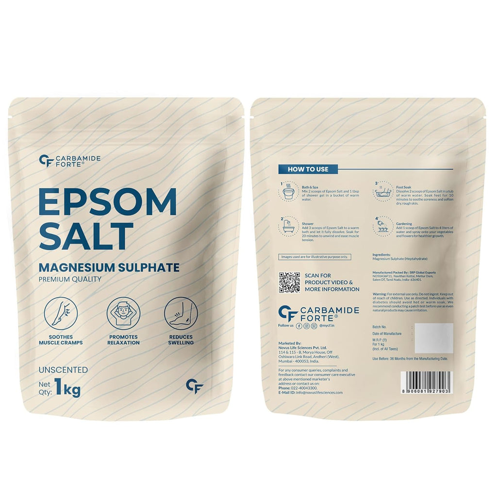 Carbamide Forte Epsom Salt for Foot & Bath 1kg | Magnesium Sulphate Crystals for Relaxing Bath, Foot Soak & Garden Use | Epsom salt for Pain Relief Foot & Muscle Relaxation