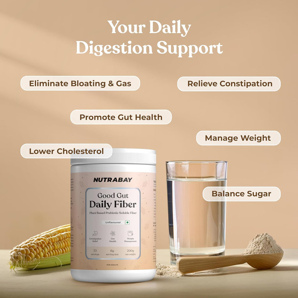 Nutrabay Good Gut Daily Fiber - 200 gm | 33 Servings | Unflavoured | Weight Management, Manages Sugar Control, Bloating, Constipation & Acidity Relief | Plant Based Prebiotic Soluble Fiber