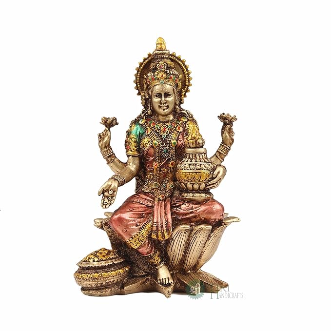 Indicast 7" Inch Cold Cast Resin Laxmi Showpiece for Puja Room and Temple Antique Decor | Metal Finish, Copper