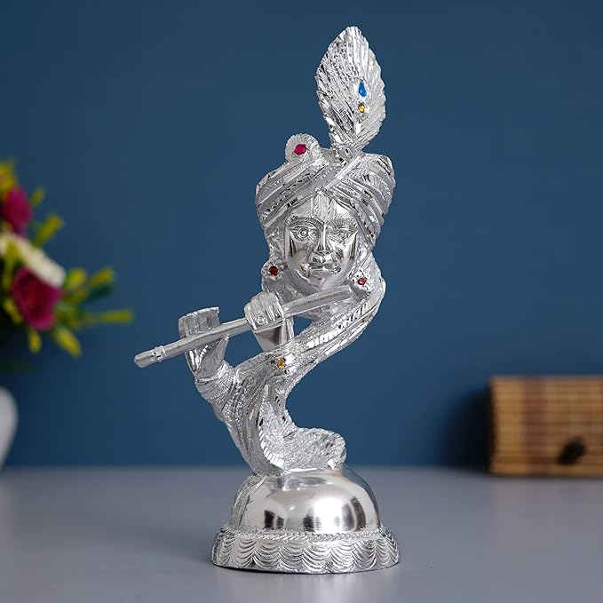 Ecraftindia Silver Metal Handcrafted Lord Krishna Playing Flute Statue | Decorative Showpiece