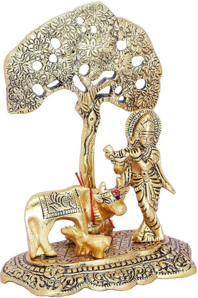 Chhariya Crafts Metal Krishna With Kamdhenu Cow Standing Under Tree Plying Flute