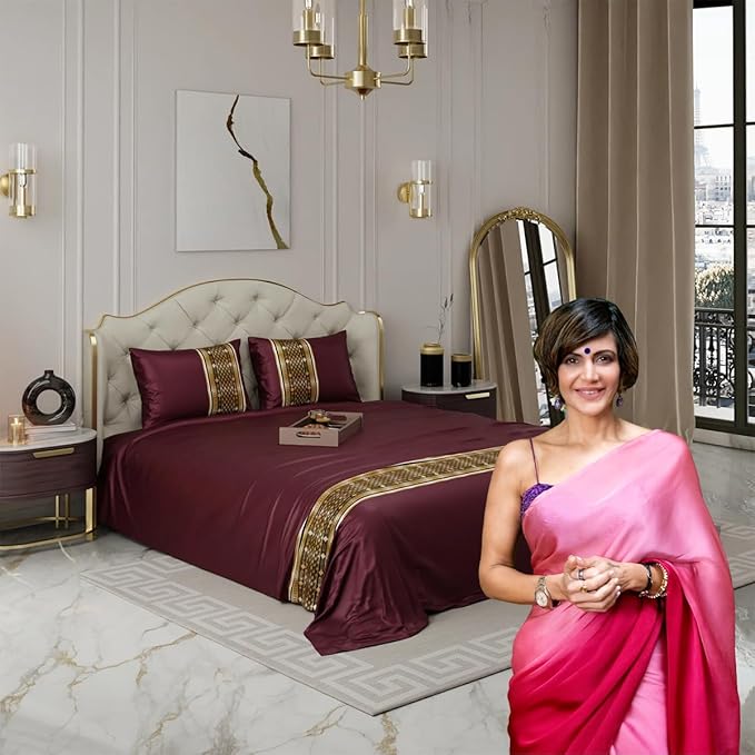 Stoa Paris Bedsheets for Double Size Bed Satin Bedsheet Set with 2 Pillow Covers Colour Royal Treasures-Wine