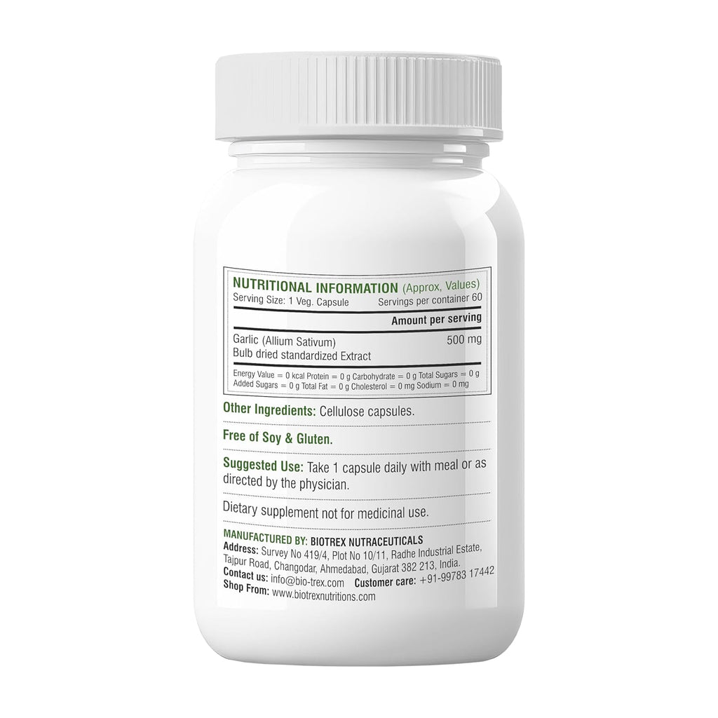 Biotrex Nutraceuticals Garlic 500 mg For Heart health,Cholesterol Management and Weight Loss - 60 Capsules