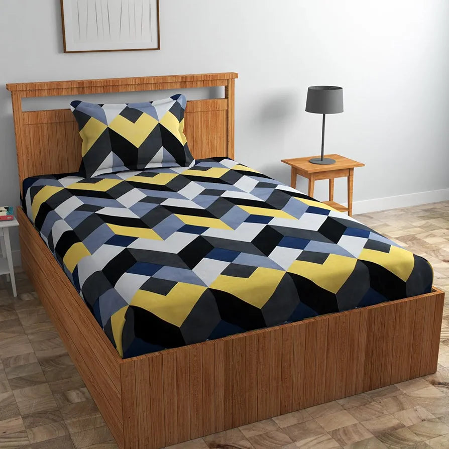 Homefab India 160 TC Glace Cotton Single BedSheet with 1 Pillow Cover Black Grey Checks