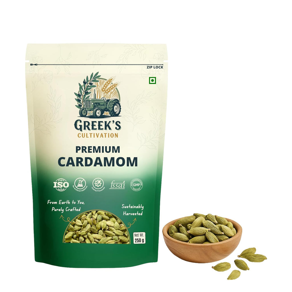Greek's Cultivation Premium Green Cardamom Bold 8mm,250g | Handpicked Whole Elaichi Pods | Fresh Aroma & Bold Flavor for Chai, Biryani, Curries, Desserts, Baking & Indian Spices