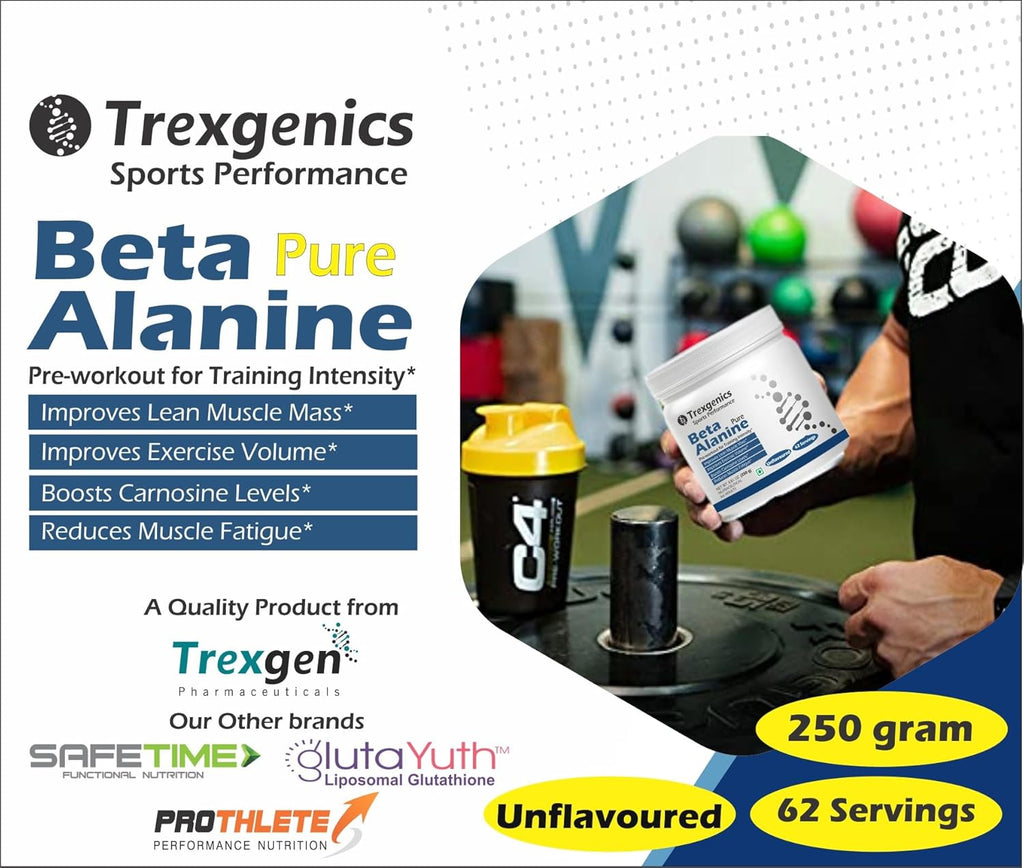 Trexgenics BETA-ALANINE Pure Powder (62 Servings) Lean Muscle Mass, Exercise Volume & Intensity, Endurance (250 gm)