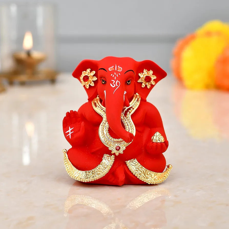 CraftVatika Ganesh Idol Murti Statue for Car Dashboard Ceramic Terracotta Gold Plated Ganesha Idols Red