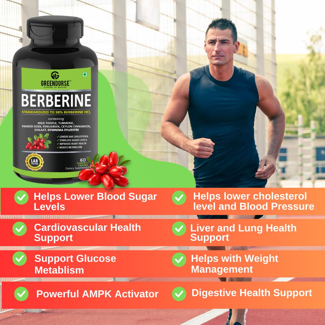 GREENDORSE Berberine HCl 98% - 8 IN 1 GDA Formulation- With Milk Thistle, Gymnema Slyvestre, Ceylon Cinnamon, Indian Rennet (Paneer Dodi), Turmeric, Shilajit, Fenugreek etc | Support Blood Sugar, Liver, Lower Cholesterol, PCOS supplement- 60 Veg Capsules
