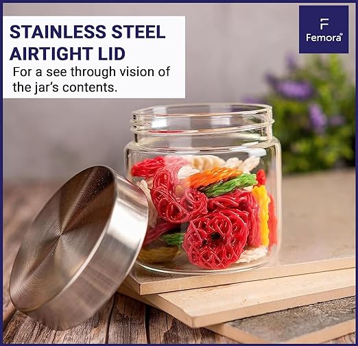 Femora Kitchen Storage Jars Borosilicate Glass With Steel Lid Air Tight Kitchen Jar and Container | 1100 Ml | Pack of 2