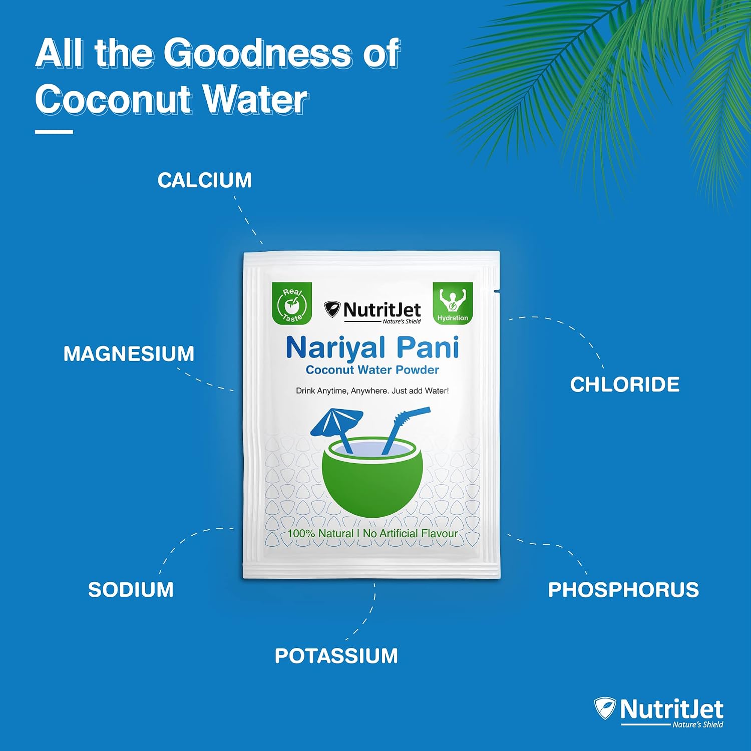 NutritJet Natural Coconut Water Powder [Pack of 50 sachets] for Hydration and Energy Natural Tender Coconut Water Powder