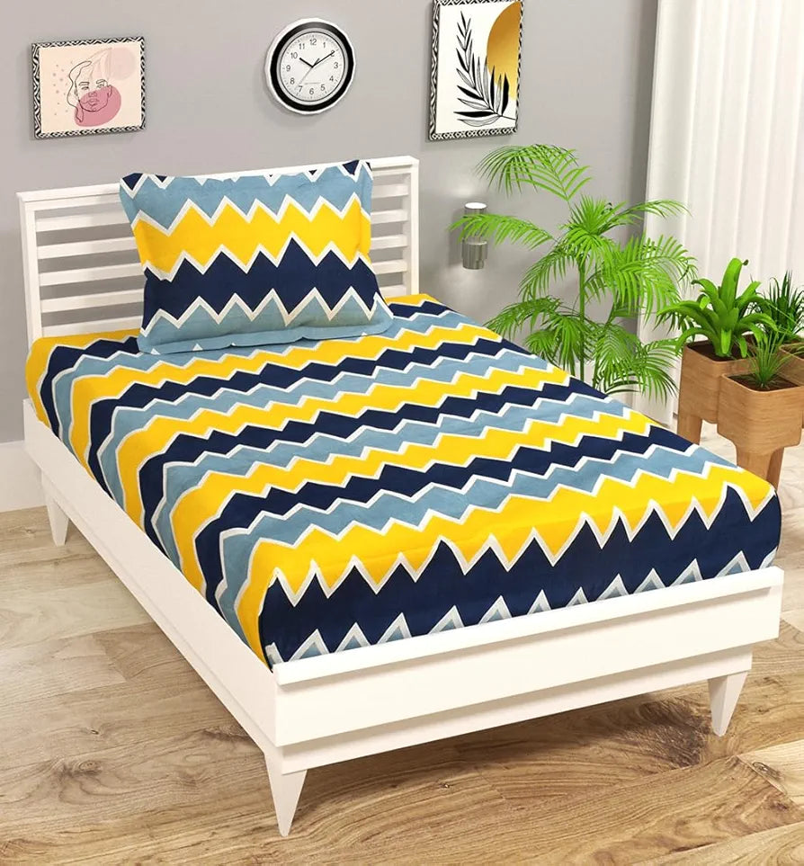 HomeKart Premium Microfiber 144 TC Flat Single Bedsheets Breathable with 1 Pillow Cover TC 144 Yellow and Blue