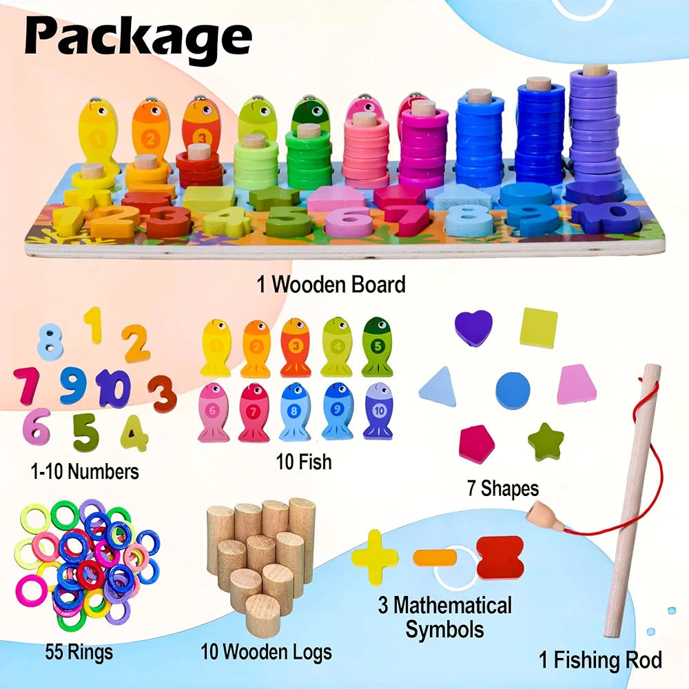 Wishkey Wooden 6 in 1 Multifunctional Learning Board Puzzle, Numbers, Shapes, Fishing Game, Stacking, Montessori Game Educational Toys