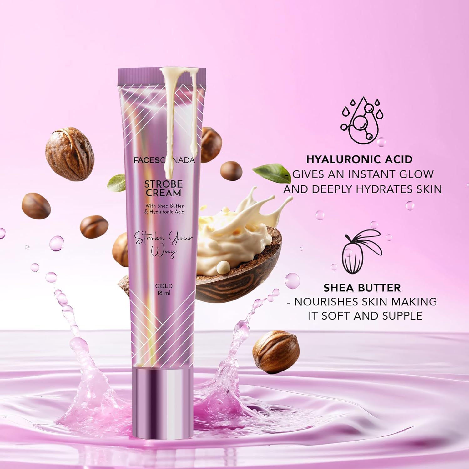 FACES CANADA Strobe Cream Mini- Pink, 18ml | Primer + Highlighter + Moisturizer | Shea Butter & Hyaluronic Acid | Intense Hydration | Flawless Radiant Dewy Skin | Illuminating & Glowing Makeup Base