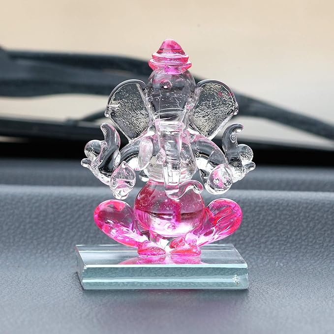 Ecraftindia Pink and Transparent Double Sided Crystal Car Ganesha Showpiece