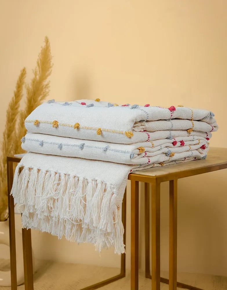 Sajavat Home Hand-Knitted Pure Cotton 3 Seater Sofa Throw Colour Beige Multi