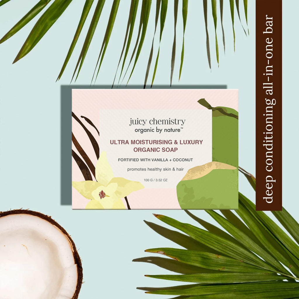Juicy Chemistry Ultra Moisturising & Luxury Organic Soap, 100g | With Vanilla & Coconut | Hydrating & Nourishing Cold-processed Soap for Skin & Hair | Deeply Conditioning | For Daily Face & Body Cleansing