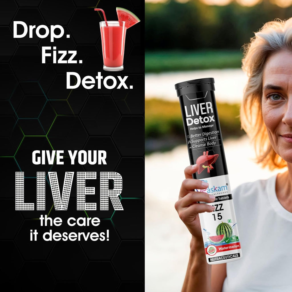 Liver Detox Effervescent â€“ Plant-Based Detox with 9 Ayurvedic Herbs | Sugar-Free | Refreshing Watermelon Flavor | Drop, Fizz, Sip | Fizz 15 Tablets Pack of 1