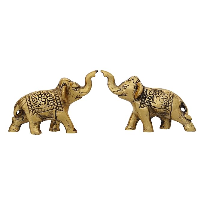 Ecraftindia Set of 2 Golden Metal Elephant Statues for Good Luck | Animal Figurines Decorative Elephant Showpieces