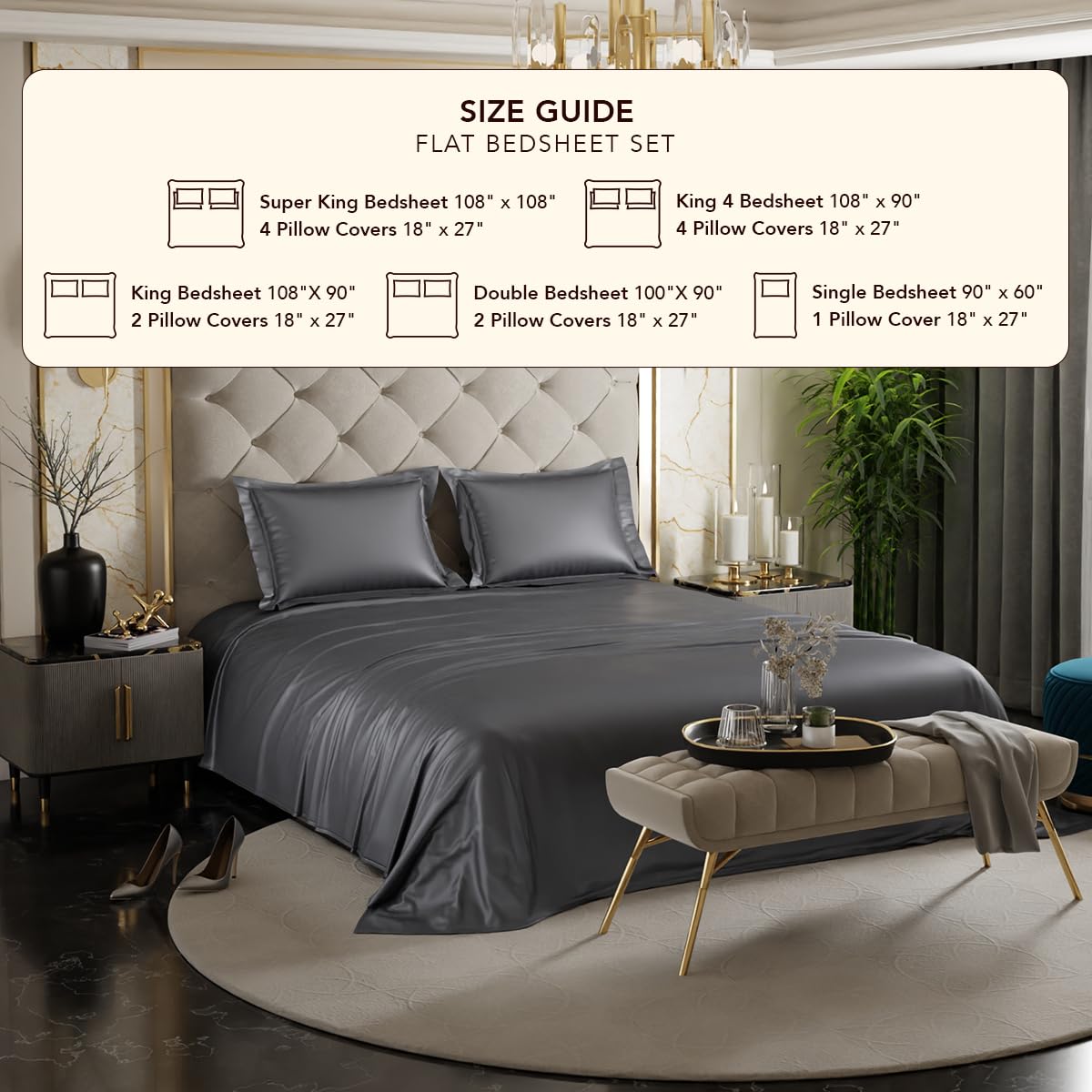Stoa Paris Satin Bedsheets for Double Bed 300TC Premium Bedsheet with 2 Pillow Covers Colour Twilight Embrace