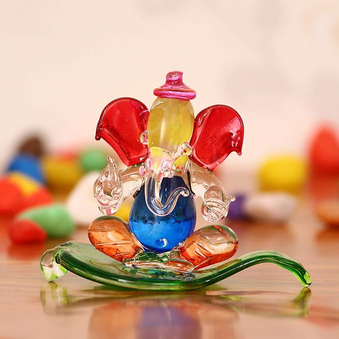 Ecraftindia Multicolored and Transparent Double Sided Crystal Car Paan Ganesha Showpiece