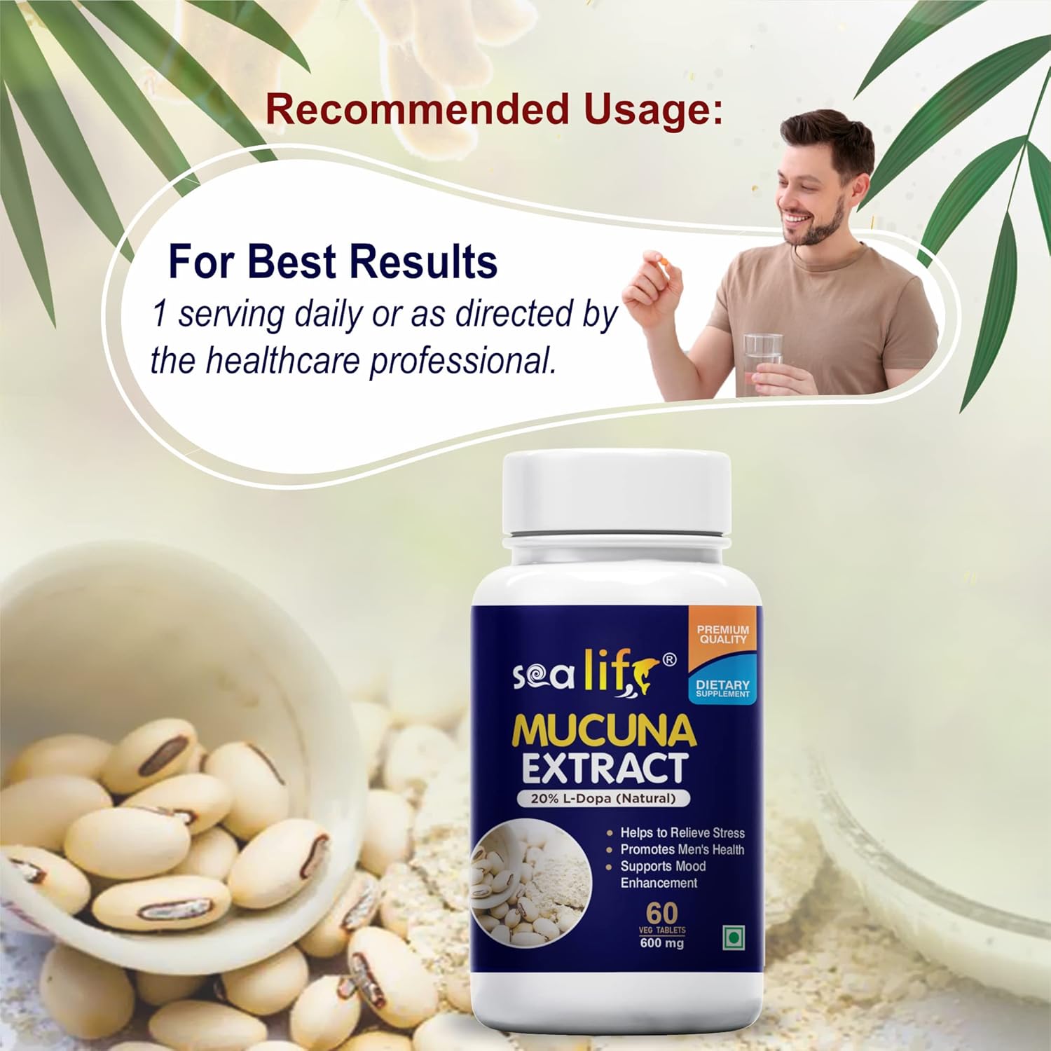 Sea Life Mucuna Pruriens Extract (60 Tablets) | Kaunch Beej | Velvet Bean | Kapikacchu | Natural L-Dopa 600mg | Stress Reliever | For Mood & Motivation Support.