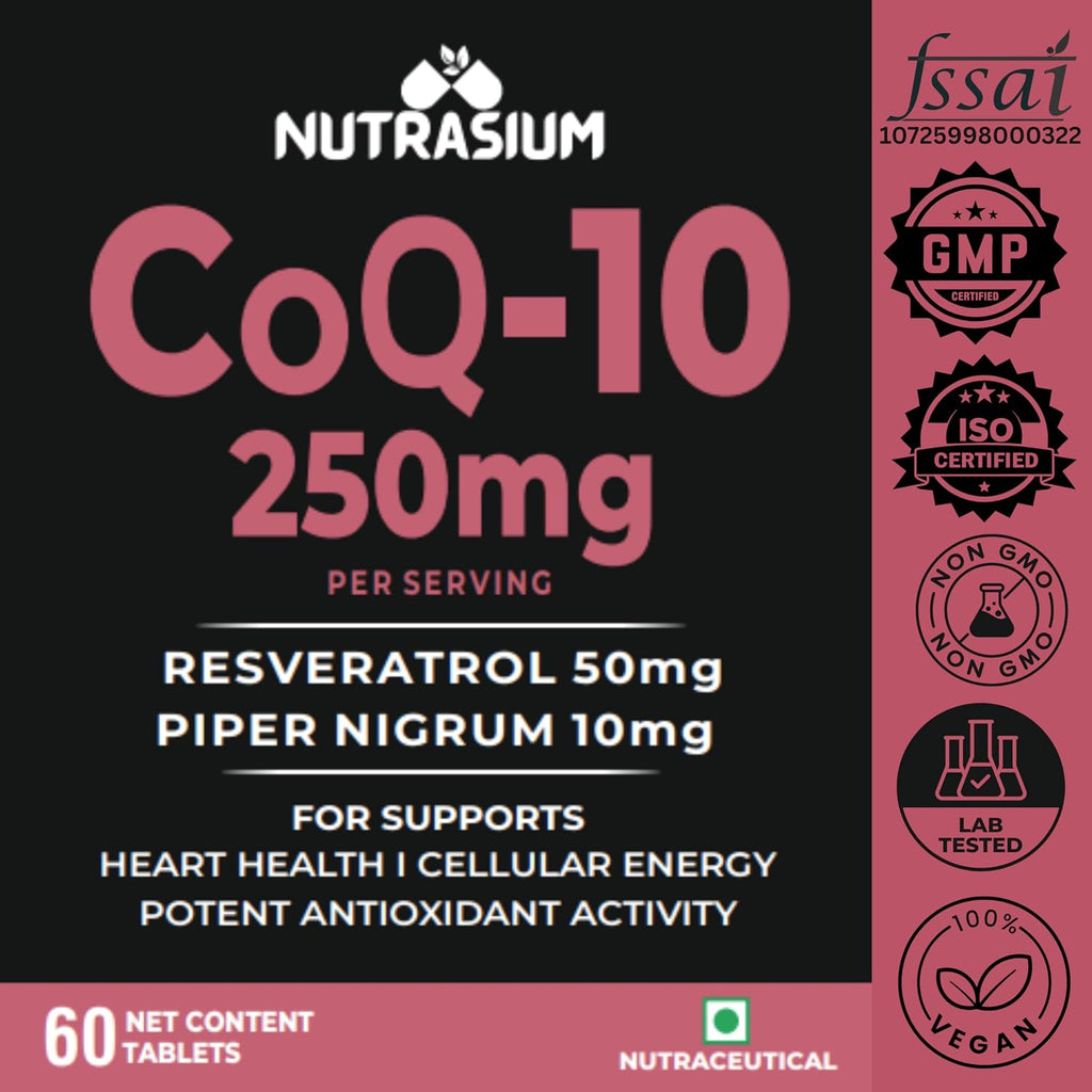 Nutrasium Co Enzyme Q-10 250 mg With Resveratrol | CoQ-10 Supplemets | For Heart & Vascular Health, Cellular Energy Boost, Potent AntiOxidant | 60 Veg Tablets (60 Veg Tablets, Co-Q10)