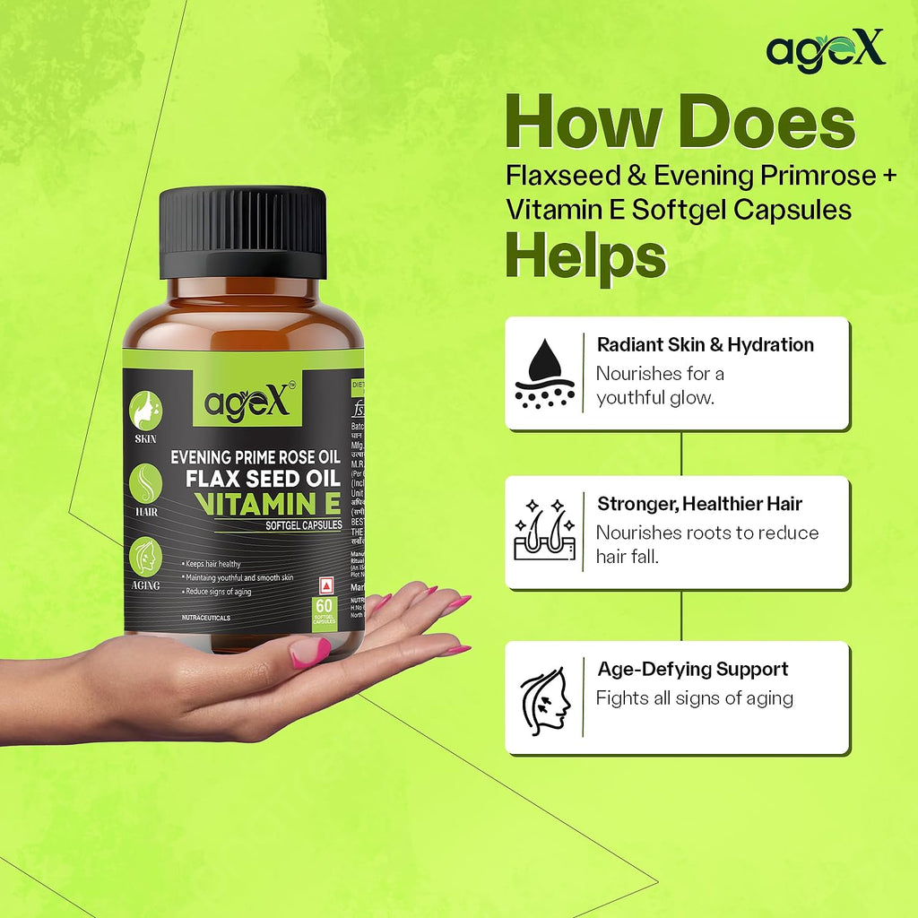Flaxseed & Evening Primrose Softgel Capsules with Vitamin E | Skin Health, Hormonal Balance & Heart Support | Healthy Skin, Hair & Reduce signs of Aging - 60 Softgel Capsules (Pack of 1)