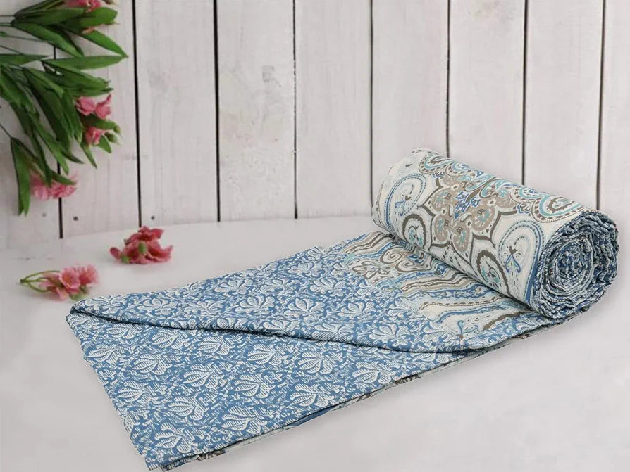 Trance Home Linen 100% Cotton Reversible Dohar Single Bed Size Jaipuri Printed Artisan Block Design Blanket 56"X88" Colour Nargis Blue