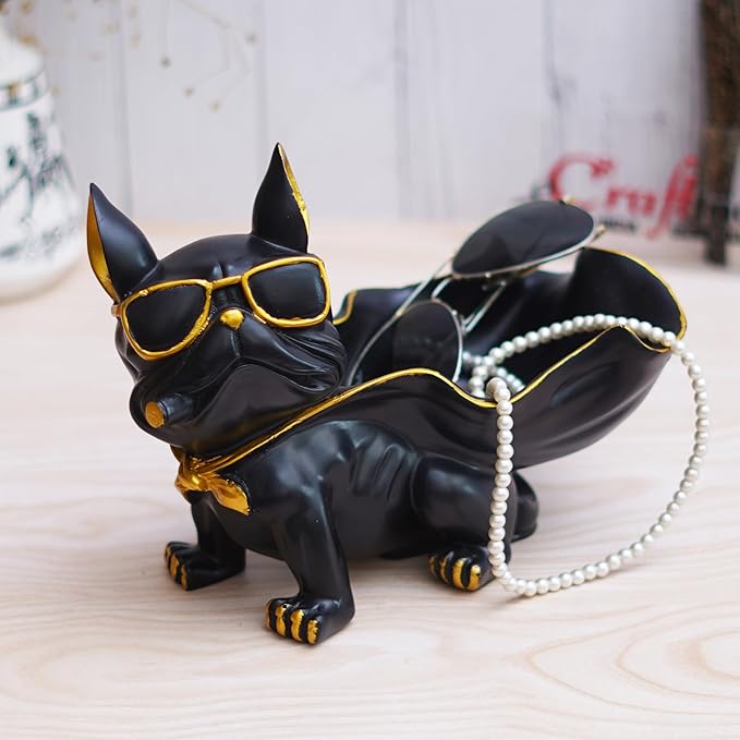 Ecraftindia Black Bull Dog Statue in Glasses With Cape Serving Tray Animal Figurine for Home Table Decor Showpiece