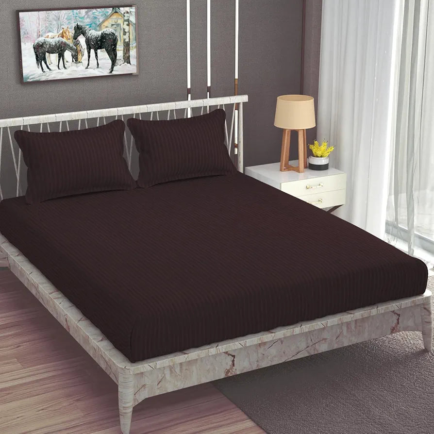 Homefab India 160 TC Stripe Glace Cotton Double BedSheet with 2 Pillow Covers Brown