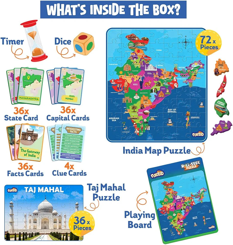 Funtad Roll N Seek India Map Educational Board Game & Puzzle Learn Indian Sate Capital and Interesting Facts State Shaped Puzzle for Boys & Girls Age 6-12 yrs