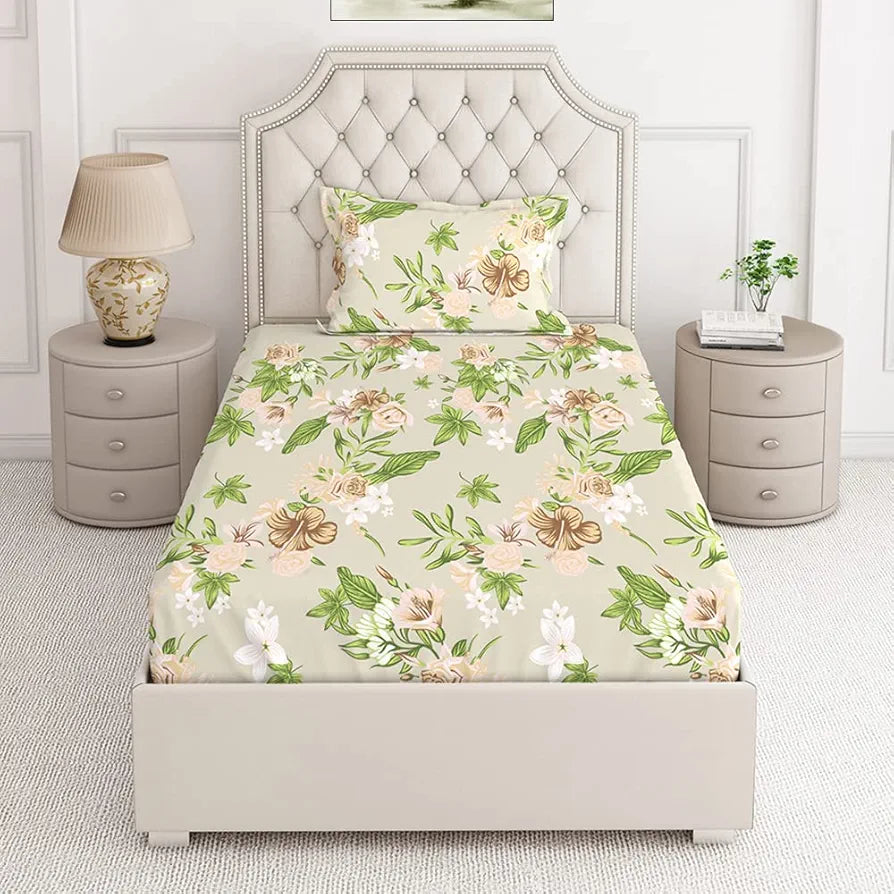 Layers Classic Cotton Bedsheet Set for All Seasons Lightweight Moisture Absorbent Machine Washable 104 TC Single Size Beige Floral Pattern
