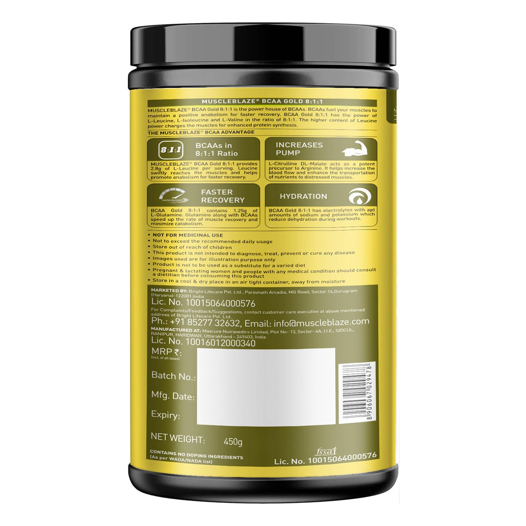 MuscleBlaze BCAA Gold 8:1:1 (450g, 60 Servings) | With Higher Leucine, Electrolytes & Glutamine