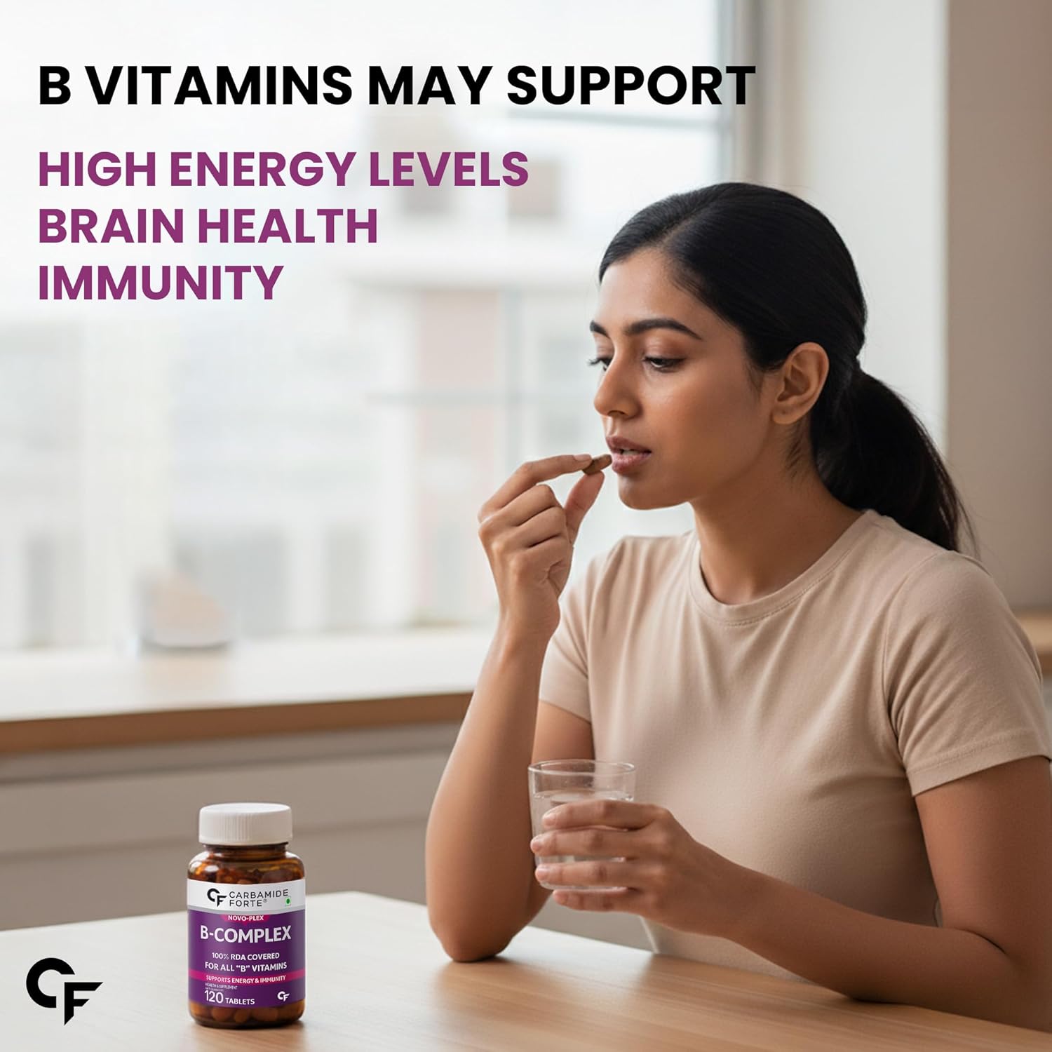 Carbamide Forte Vitamin B-Complex Tablets - 100% RDA for B Vitamins with B1, B2, B3, B5, B6, B9 & Vitamin B12 | Vitamin B Complex Supplements for Women & Men - 120 Vegetarian Tablets