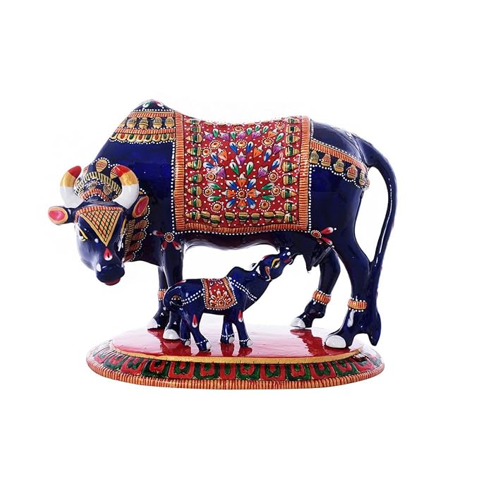 Ecraftindia Meenakari Cow and Calf Metal Figurine | Blue and Red
