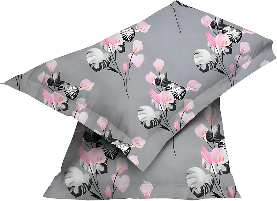 Starnstyle Polycotton 220 TC Floral Printed King Size Double Bedsheet with 2 Pillow Covers Grey Floral