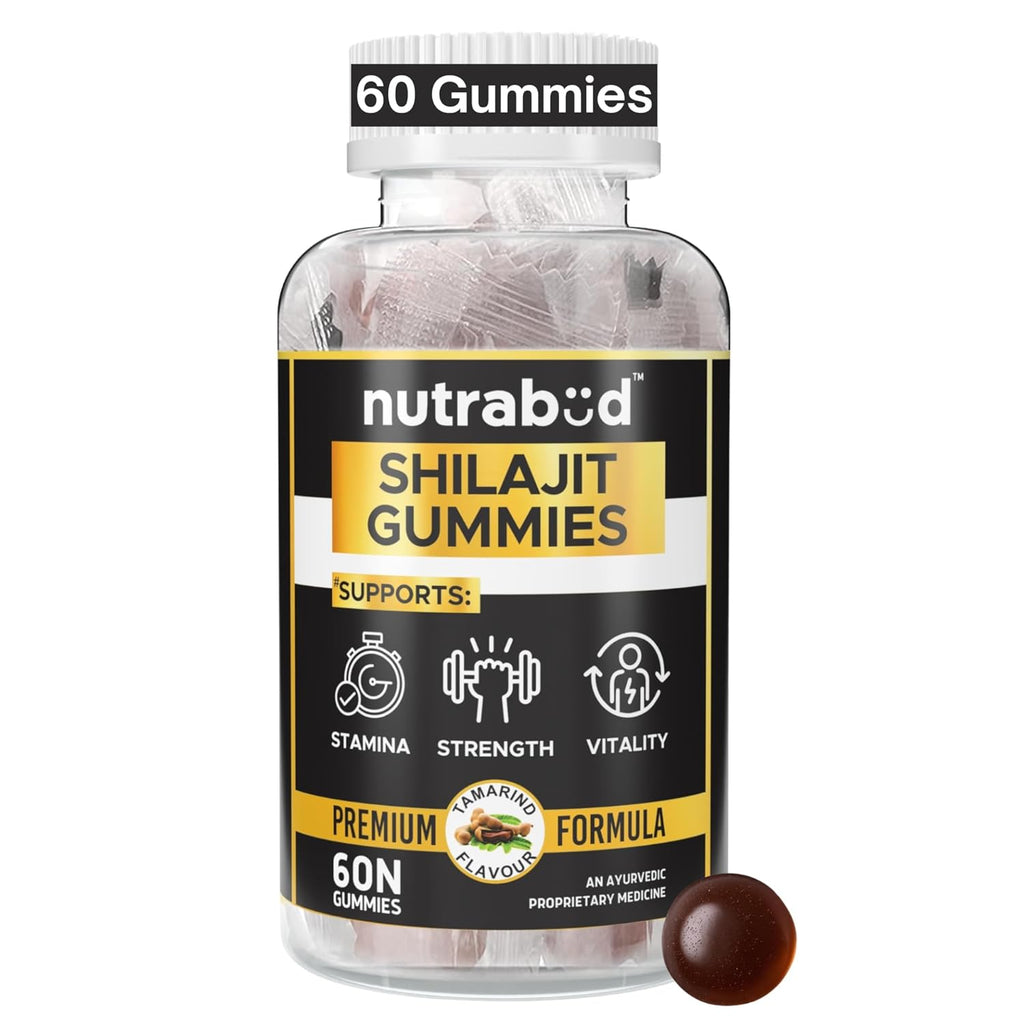Nutrabud Pure Shilajit/Shilajeet Gummies 100mg For Men, Women - 60 Gummies | Boosts Stamina & Improves Energy Levels | Tamarind Flavour Veg Gummy Supplement (60 Count (Pack of 1), Tamarind)