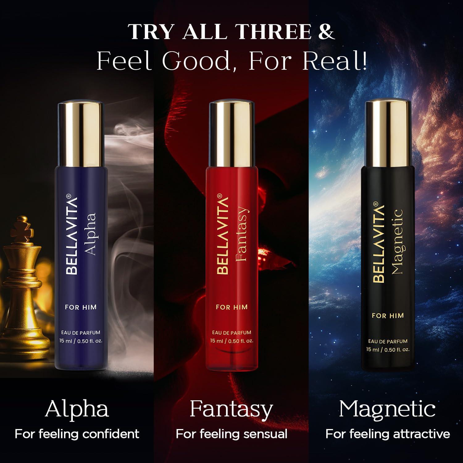 BELLAVITA Mood Collection Fantasy EDP for Him with Apple, Cinnamon, Musk and Vanilla |Premium, Long Lasting Fragrance Perfume for Men, 15ml