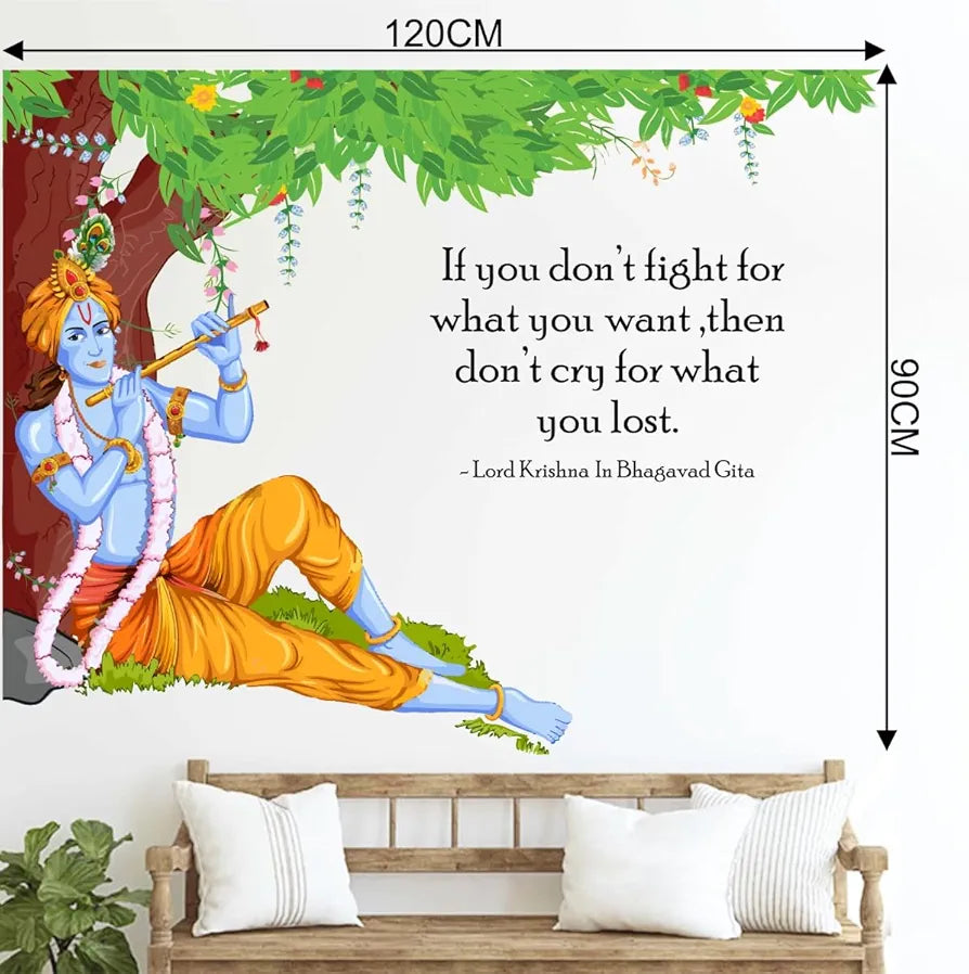Rawpockets Decals Lord Krishna Flute Bhagavad Gita Quote Extra Large Size Wall Sticker