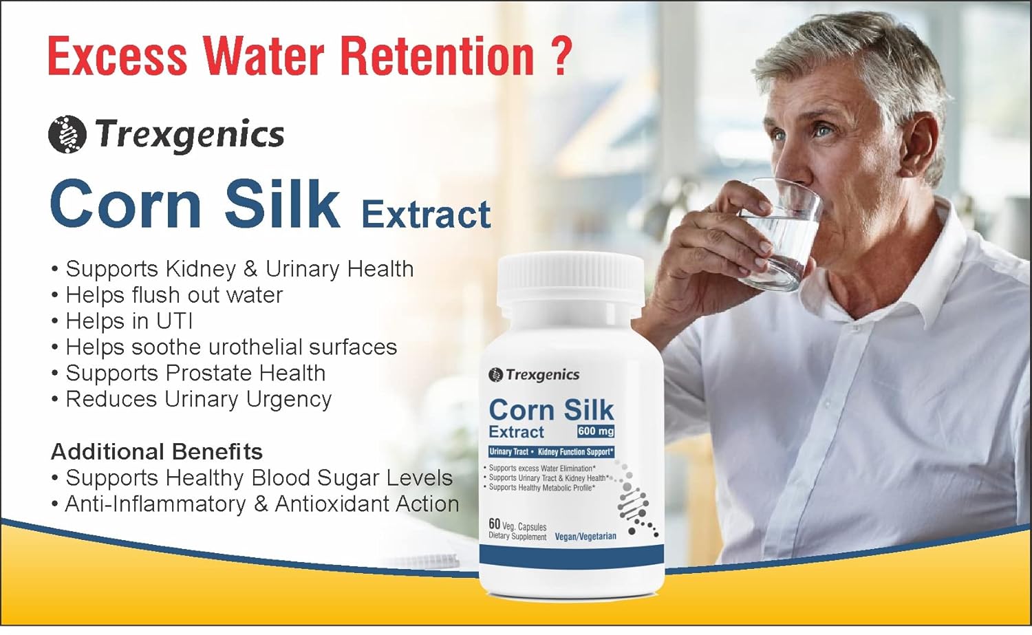 Trexgenics Corn Silk Extract 600 Mg 10:1 For Kidney Care, Skin, Weight Management Vegan & Gluten Free (60 Veg Capsules)
