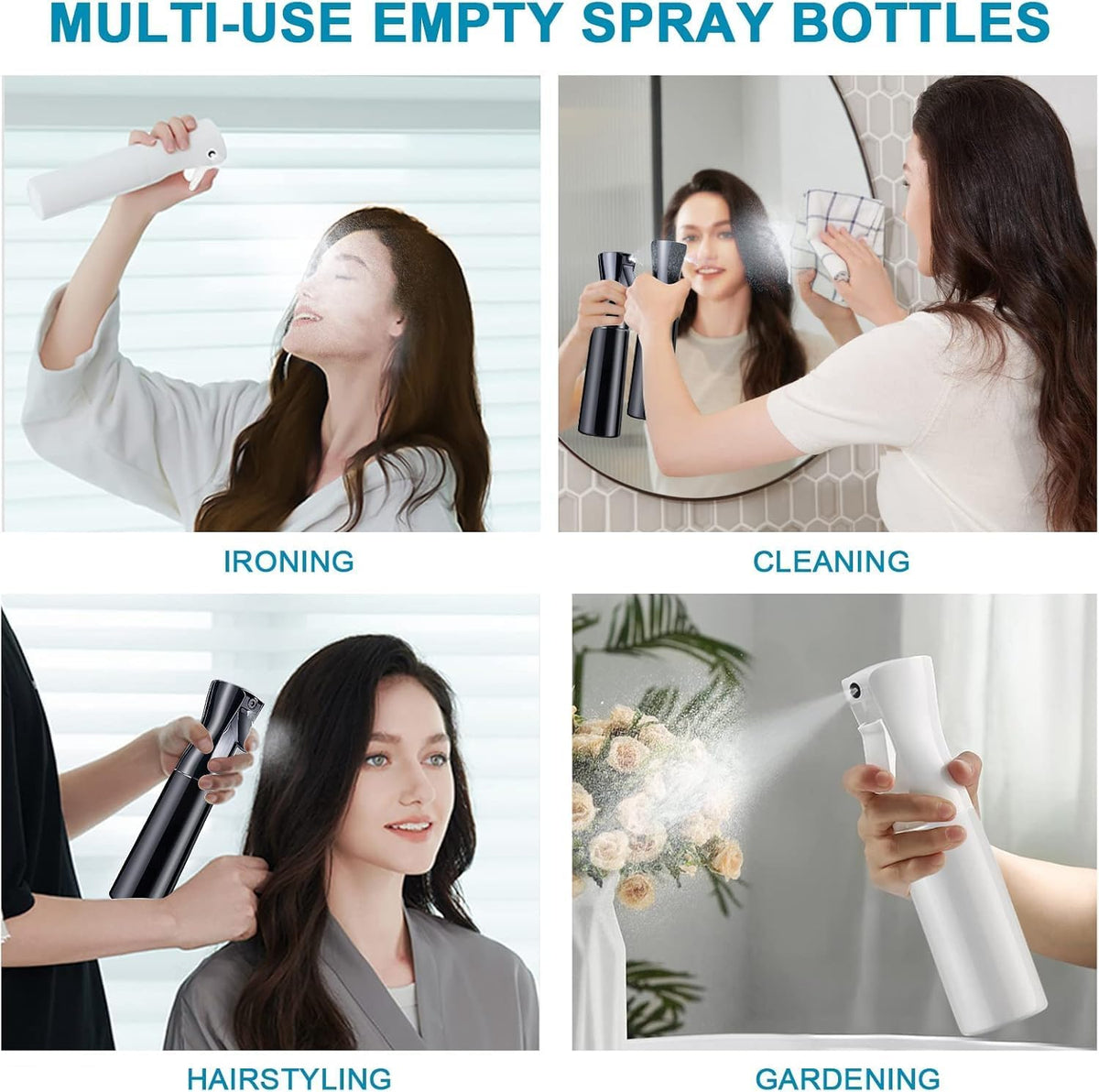 (Black, 300ml) Refillable Empty Mist Water Spray Bottle for Taming Hair in Morning, Hairstyling, Plants, Pets (Black, 300ml)