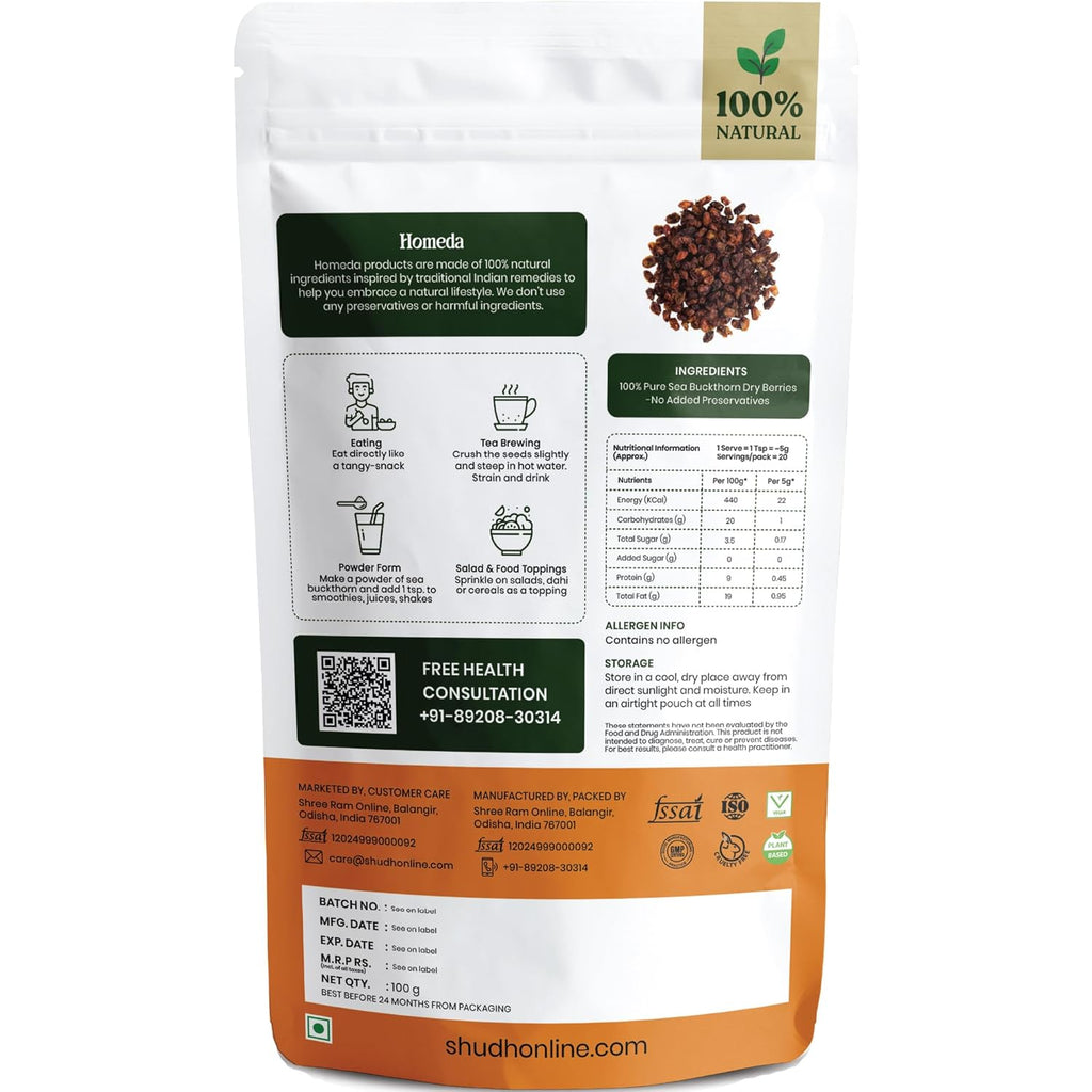 Homeda Sea Buckthorn Berry Dry (100g) Organic Seabuckthorn Berries Original Dried - With Vitamins, Antioxidants, Omega 3 6 7 & 9 | Himalyan See Buck Thorn Plant | Pure Leh Seabuck Berry