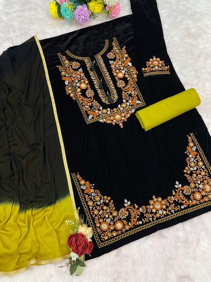 Anaita Mustard-Black Embroidery Sequence & Thread Work Velvet Salwar Suit
