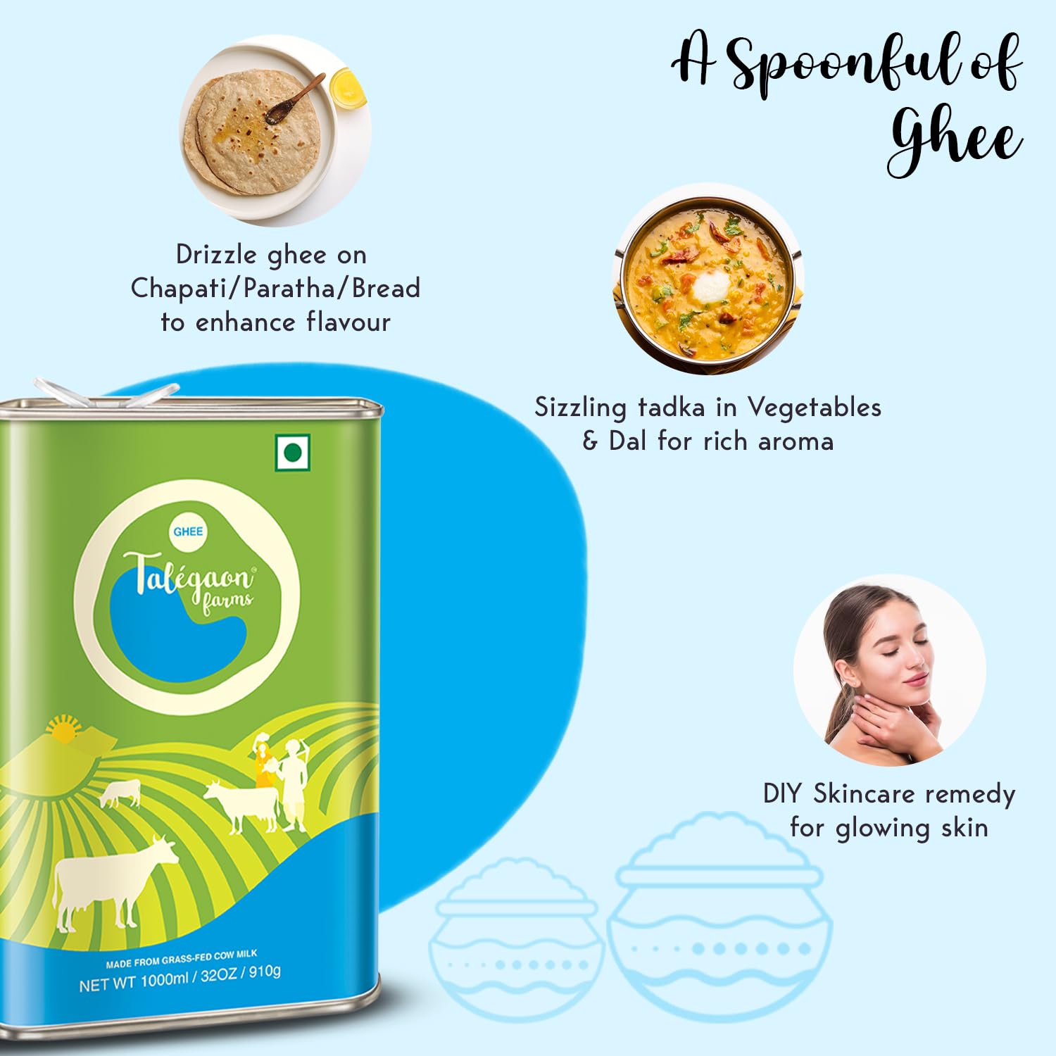 Talegaon Farms Premium Cow Ghee | Pure Desi Ghee | Traditional & Cultured | Vedic Bilona Method | Natural, Lactose-Free & Gluten-Free | Fresh, Healthy & Lab Tested | Tin Pack