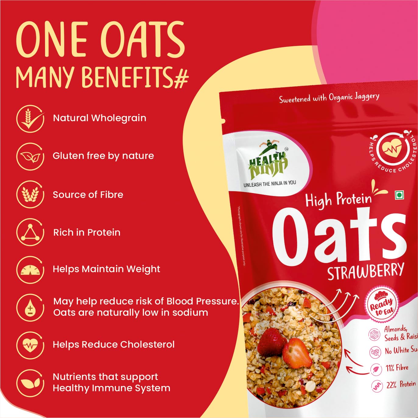 Health Ninja Strawberry Oats | High Protein Breakfast Cereal | Ideal for Oatmeal & delicious snacks | 900 gm Pack (900, Strawberry)