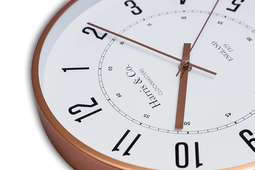 Harris & Co. Clockmasters Silent Sweep Noiseless Technology Wall Clock  Analog Rose Gold