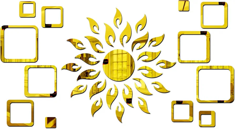 Bikri Kendra Ind Sun with 12 Square Golden Mirror Stickers for Wall Decor Sticker Mirror
