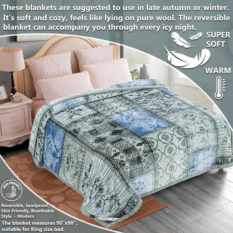 Homekart Super Soft Cloudy Printed Double Bed Blanket for Heavy Winter Single Ply Mink Blanket King Size TC 400 Grey & Blue