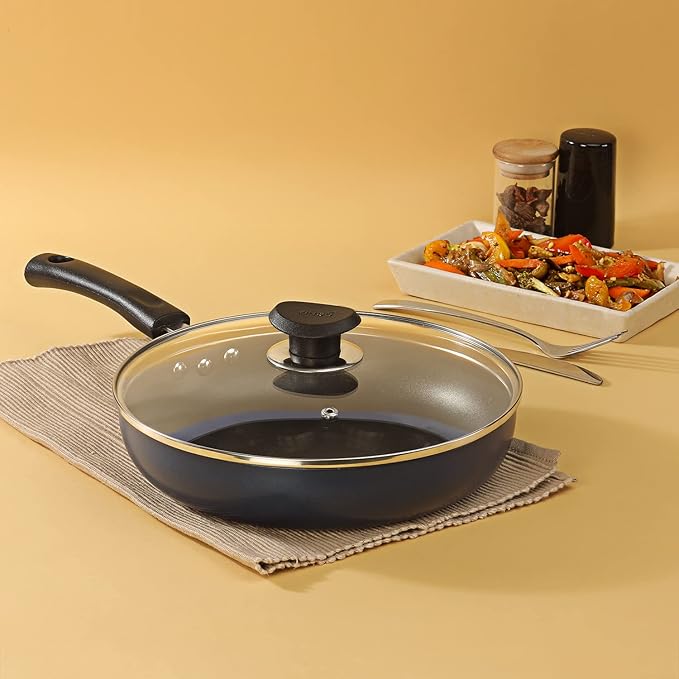 Vinod Zest Aluminium Non Stick Deep Frypan with Glass Lid - 26 cm | 3 Layer Ceramic Coating | 3 mm Extra Thick | Skillet Pan